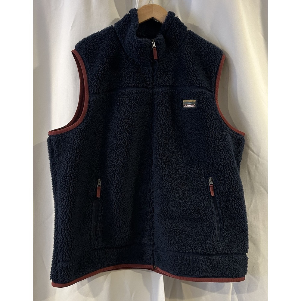 LL Bean Men's Deep Pile Sherpa‎ Fleece Full Zip Vest Navy Blue/Burgundy 2XL